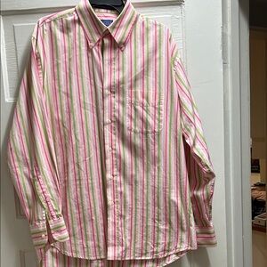 Men’s J. McLaughlin Vibrant Pink and Green Striped Button Down Shirt